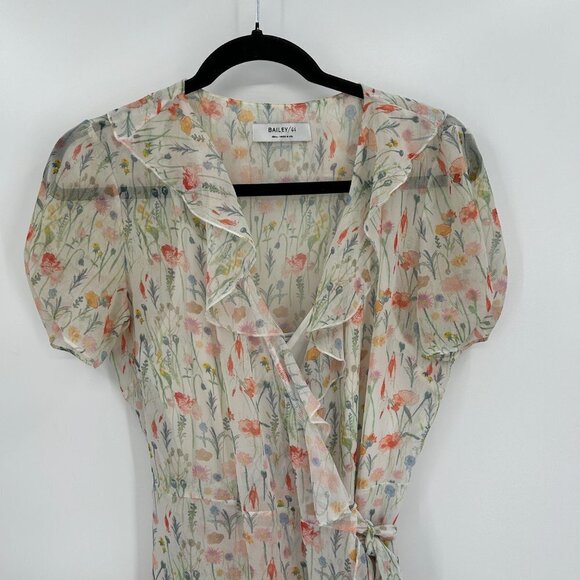 BAILEY 44 White Pink Floral Print Sheer Ruffle Wrap Dress With Slip Size Small - Picture 3 of 5